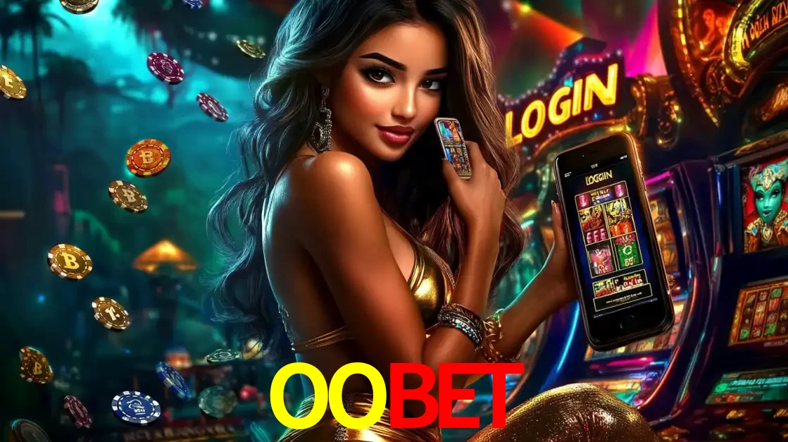 Mulher em um cenário de cassino temático de aventura, mostrando o app de caça-níqueis da OOBET no celular. Fichas de apostas flutuam ao redor.