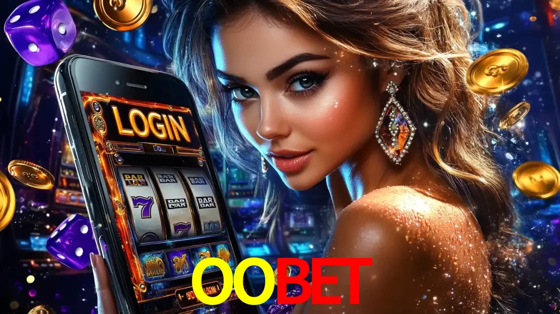 Mulher glamorosa segurando um smartphone com a tela de login para os jogos de caça-níqueis do cassino online OOBET, com moedas de ouro e dados ao redor.