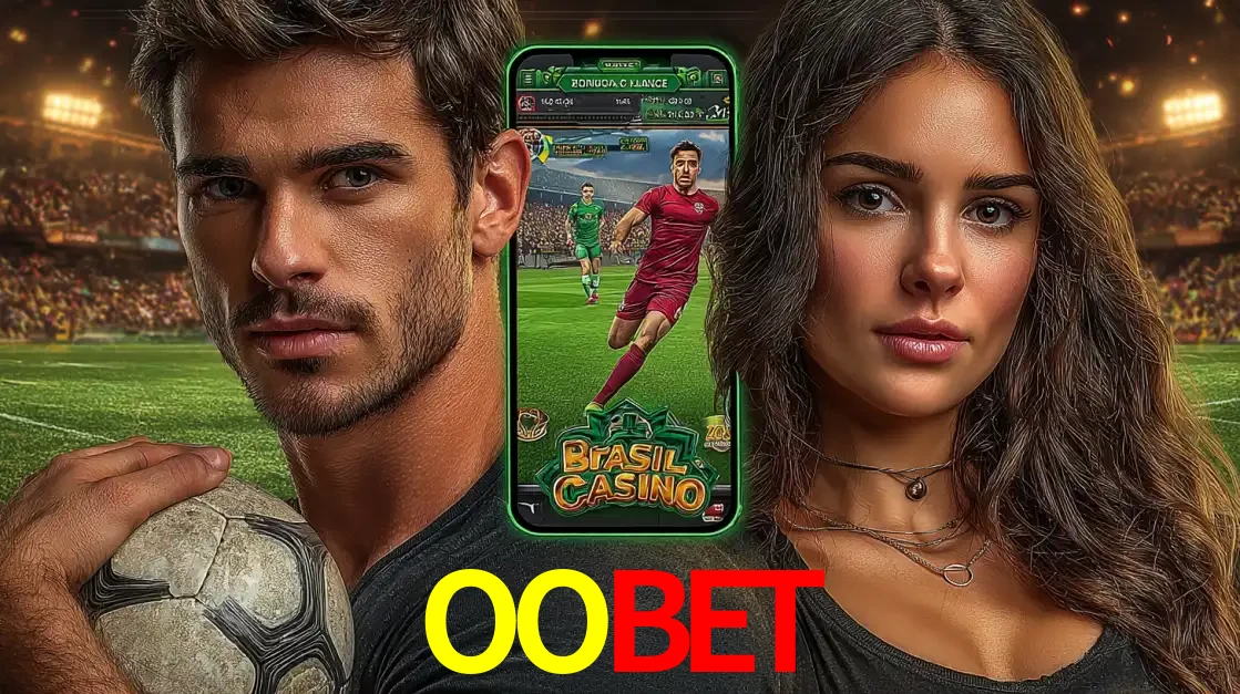 Homem segurando uma bola de futebol e uma mulher ao lado de um smartphone exibindo o jogo de apostas esportivas da OOBET. Faça seu palpite no cassino online.